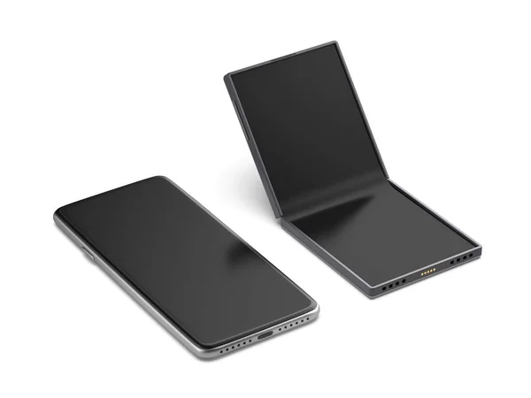 白い背景に異なるフォームファクターを持つ2つの現代的なスマートフォン — ストック写真