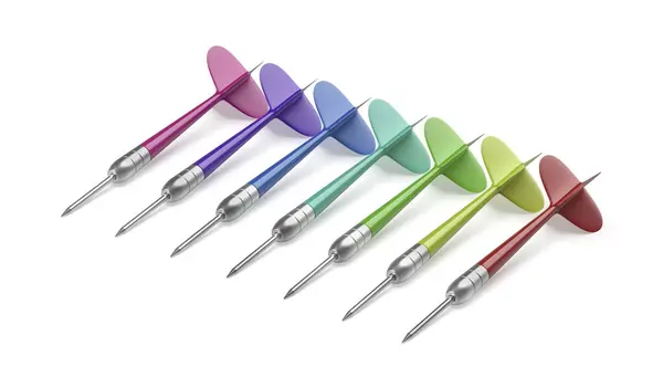 Row Different Colored Darts White Background — Stock Photo, Image