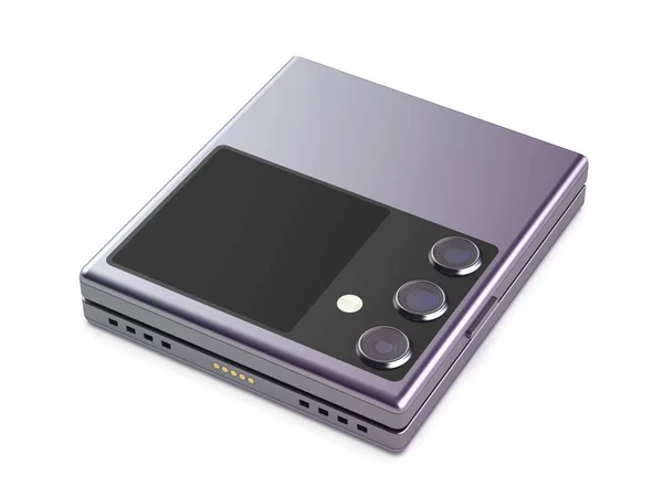 紫色可折叠智能手机 白色背景上有三个摄像头 — 图库照片