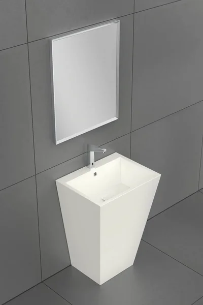 Weißes Bodenwaschbecken Mit Silbernem Sensor Wasserhahn Und Spiegel Badezimmer — Stockfoto