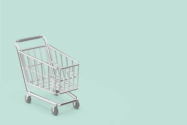 Empty Silver Colored Shopping Cart Turquoise Background — Stock Photo, Image