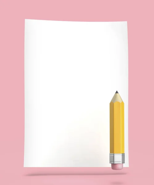 Cartoon Style Pencil Empty Paper Sheet Pink Background — Stock Photo, Image