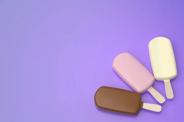 Three Chocolate Coated Ice Creams Purple Background Top View — Stock Photo, Image