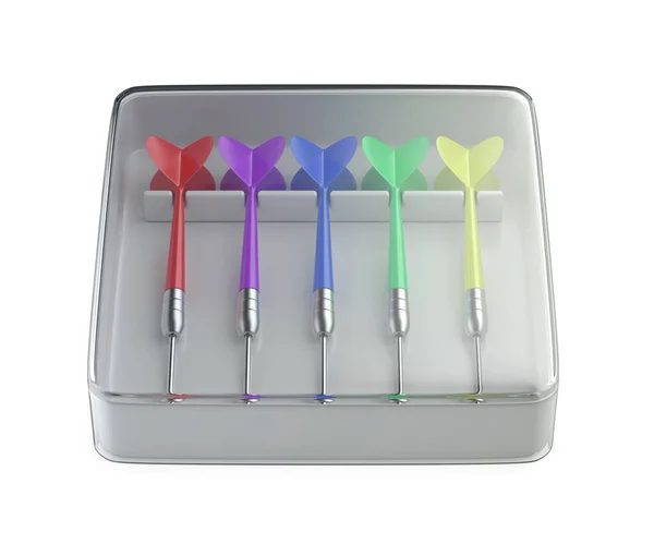 Scatola Plastica Trasparente Con Cinque Freccette Colorate Sfondo Bianco — Foto Stock