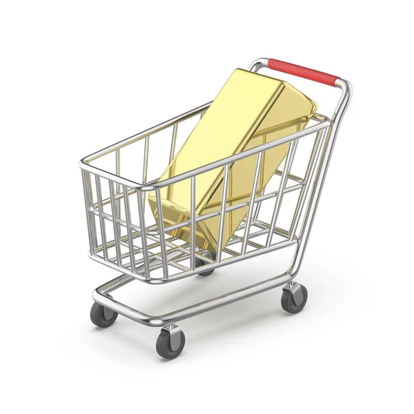 Shopping Cart Gold Bar White Background — Stock Photo, Image