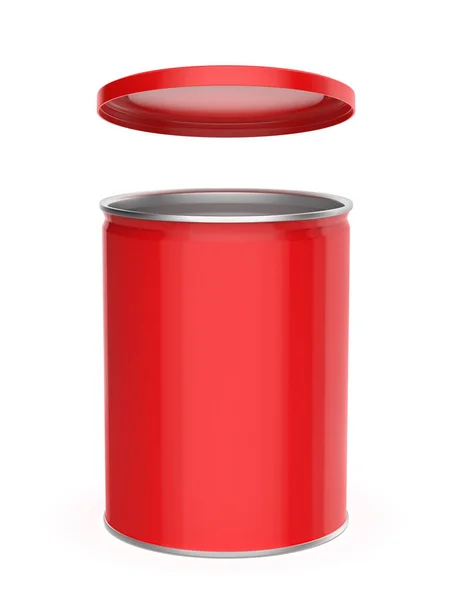 Glanzend Rood Metalen Blik Met Plastic Deksel Witte Achtergrond — Stockfoto