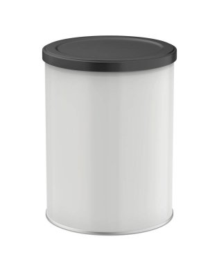 Beyaz arka planda siyah plastik kapaklı beyaz metal kutu.