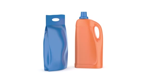 白い背景の青い洗浄の粉袋そしてオレンジの液体洗剤のびん — ストック動画