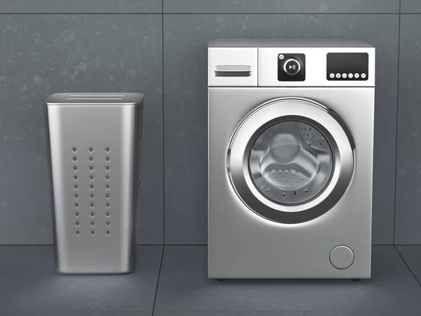 Silberne Frontladung Waschmaschine Und Wäscheständer — Stockfoto