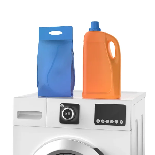 Moderna Lavatrice Con Sacchetto Detersivo Polvere Bottiglia Detergente Liquido Plastica — Foto Stock
