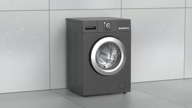 Modern siyah renkli çamaşır makinesi banyoda.