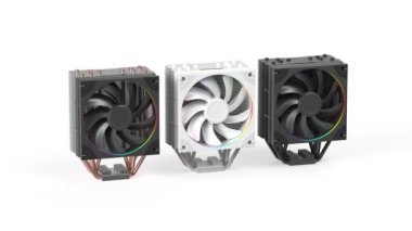 Beyaz arkaplanda üç farklı renkli Cpu hava soğutucusu