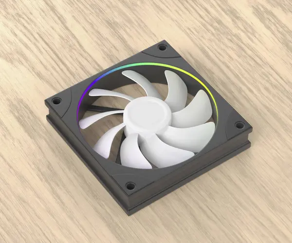 Computer fan with rgb lighting on wooden desk
