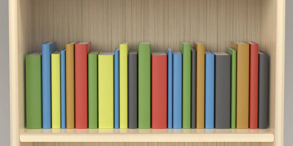 Row with colorful books in the bookcase, front view