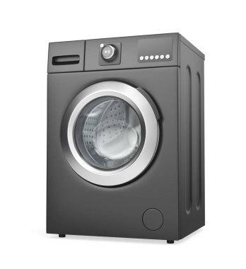 Black front load washing machine on white background clipart