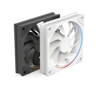 Beyaz arka planda RGB LED ışıklandırması olan siyah-beyaz bilgisayar çantalı hayranlar