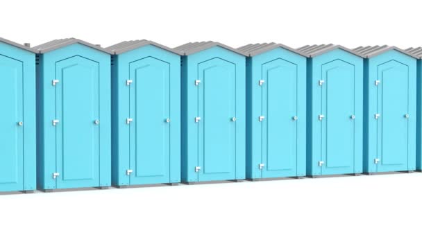 Рядок Портативними Пластиковими Туалетами Білому Тлі — стокове відео