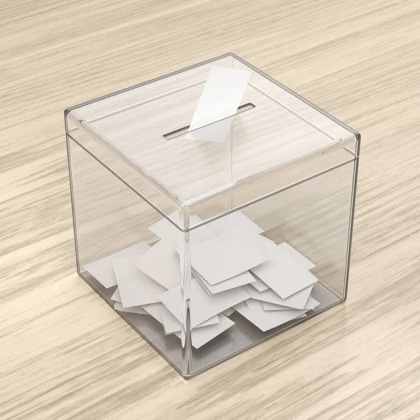 Caja Votación Transparente Con Papel Votación Escritorio Madera — Foto de Stock