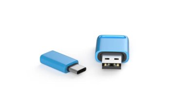 Beyaz arkaplanda farklı usb arayüzlerine sahip mavi flaş bellekler