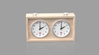 Wooden analog chess clock on a shiny grey background