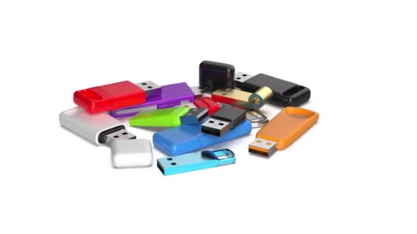 Bunch Usb Memory Sticks Different Designs Colors White Background — Video