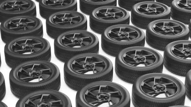 Many Rows Car Tires Black Rims — kuvapankkivideo