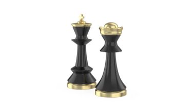 Beyaz arkaplanda siyah vezir ve kral satranç taşları