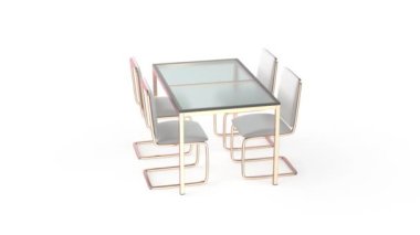 Cam yemek masası ve beyaz arka planda dört deri sandalye.