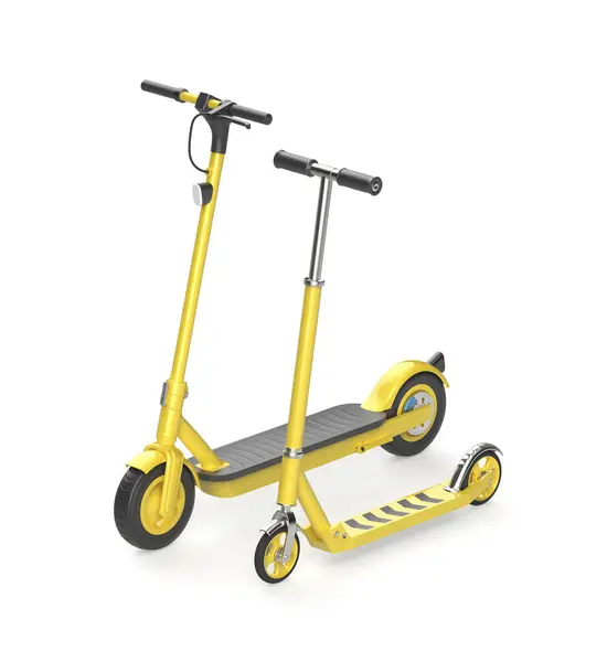 Beyaz Arka Planda Sarı Renkli Elektrik Tekme Scooterları — Stok fotoğraf