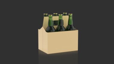 Parlak siyah arka planda altı kutu bira şişesi.