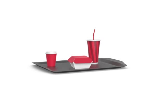 Пластиковий Лоток Безалкогольним Напоєм Чашкою Кави Бутербродною Коробкою Білому Тлі — стокове відео