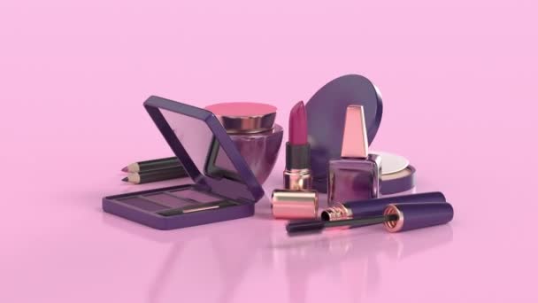 Maquiagem Conjunto Cosmético Fundo Rosa Brilhante — Vídeo de Stock