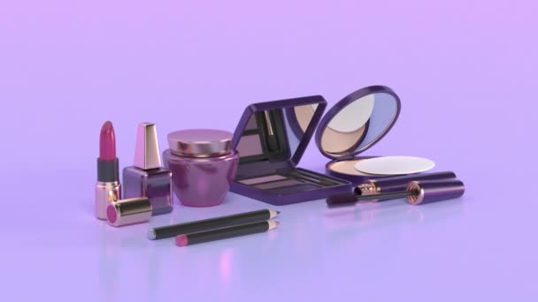 Makeup Dan Kosmetik Ditetapkan Pada Latar Belakang Ungu Mengkilap — Stok Video