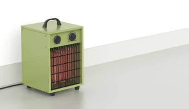 Odayı yeşil elektrikli vantilatör ısıtıcısıyla ısıtıyorum.