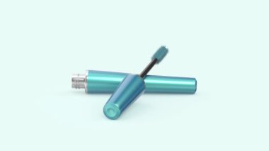 Açık mavi-yeşil arka planda Maskara değneği ve tüp