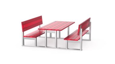 Beyaz arka planda iki banklı kırmızı piknik masası