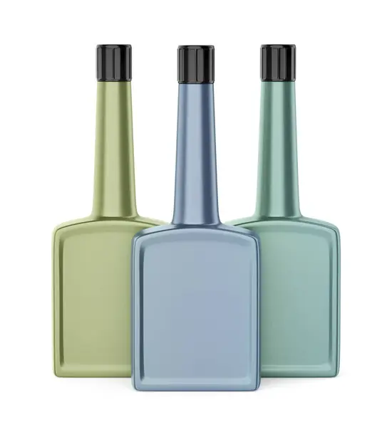 Tres Botellas Plástico Diferentes Colores Para Aditivos Combustible Para Automóviles — Foto de Stock
