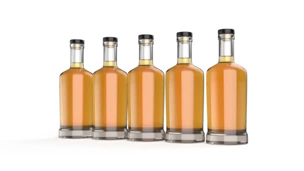 Row Five Whisky Bottles White Background — Stock Video