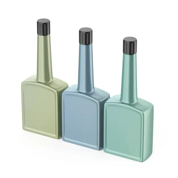 Drie Verschillende Gekleurde Plastic Flessen Voor Automotive Brandstof Additief Motorolie Stockafbeelding