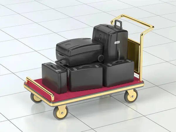 装有黑色行李箱和公文包的机场行李车 免版税图库照片