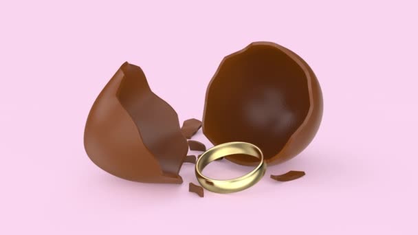 Törött Csokoládé Tojás Egy Meglepetés Arany Eljegyzési Gyűrű Belsejében — Stock videók