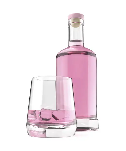 Γυάλινο Μπουκάλι Και Ένα Ποτήρι Ροζ Τζιν Βότκα Λευκό Φόντο Εικόνα Αρχείου