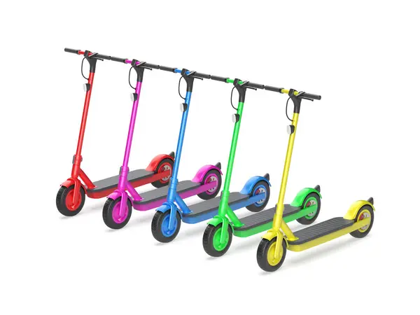 Row Five Electric Scooters Different Colors White Background Royalty Free Stock Images