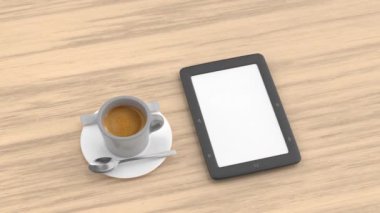 E-kitap okuyucusu, boş bir ekran ve ahşap bir masada espresso kahvesiyle.