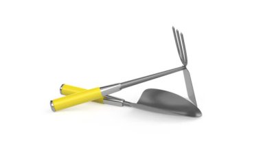 Bahçe malası ve çapa beyaz arka planda