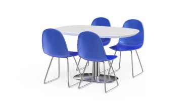 Yemek masası ve beyaz arka planda mavi parlak sandalyeler.