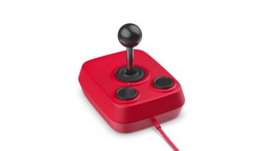Beyaz arka planda iki düğmesi olan kırmızı vintage bilgisayar joystick 'i