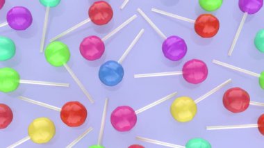 Açık mavi arka planda farklı renk ve tatlara sahip bir sürü lolipop.