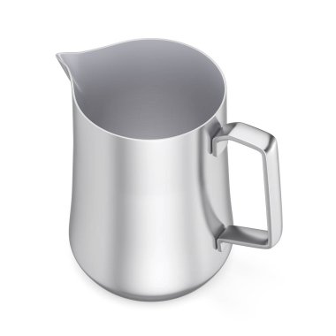 Beyaz arka planda paslanmaz çelik sürahi.