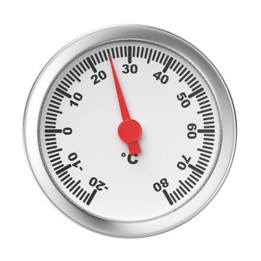Beyaz arkaplanda izole edilmiş, yuvarlak Celsius termometresinin ön görüntüsü